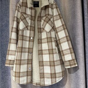 Hollister Cream and Brown Plaid Teddy Jacket